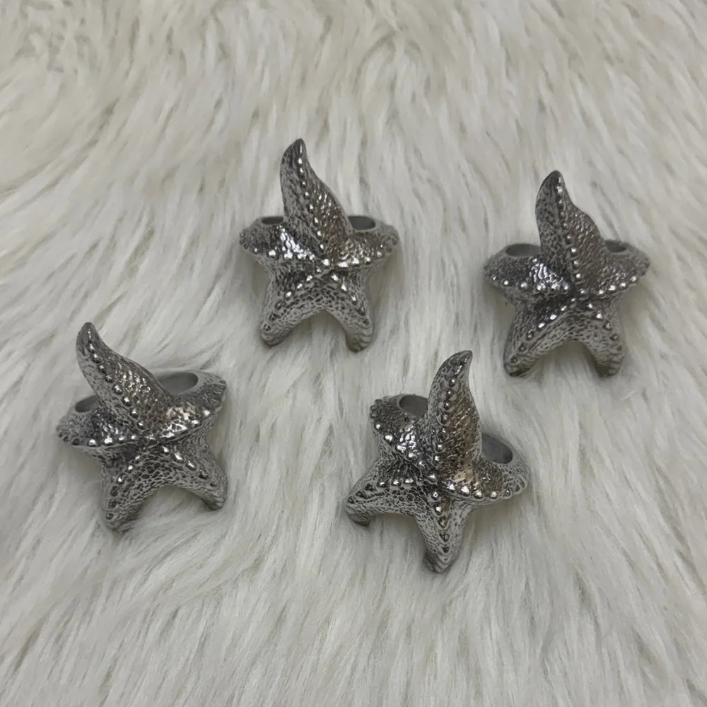 Pottery Barn Outlet Silver Tone Metal Starfish Napkin Rings Set Of 4